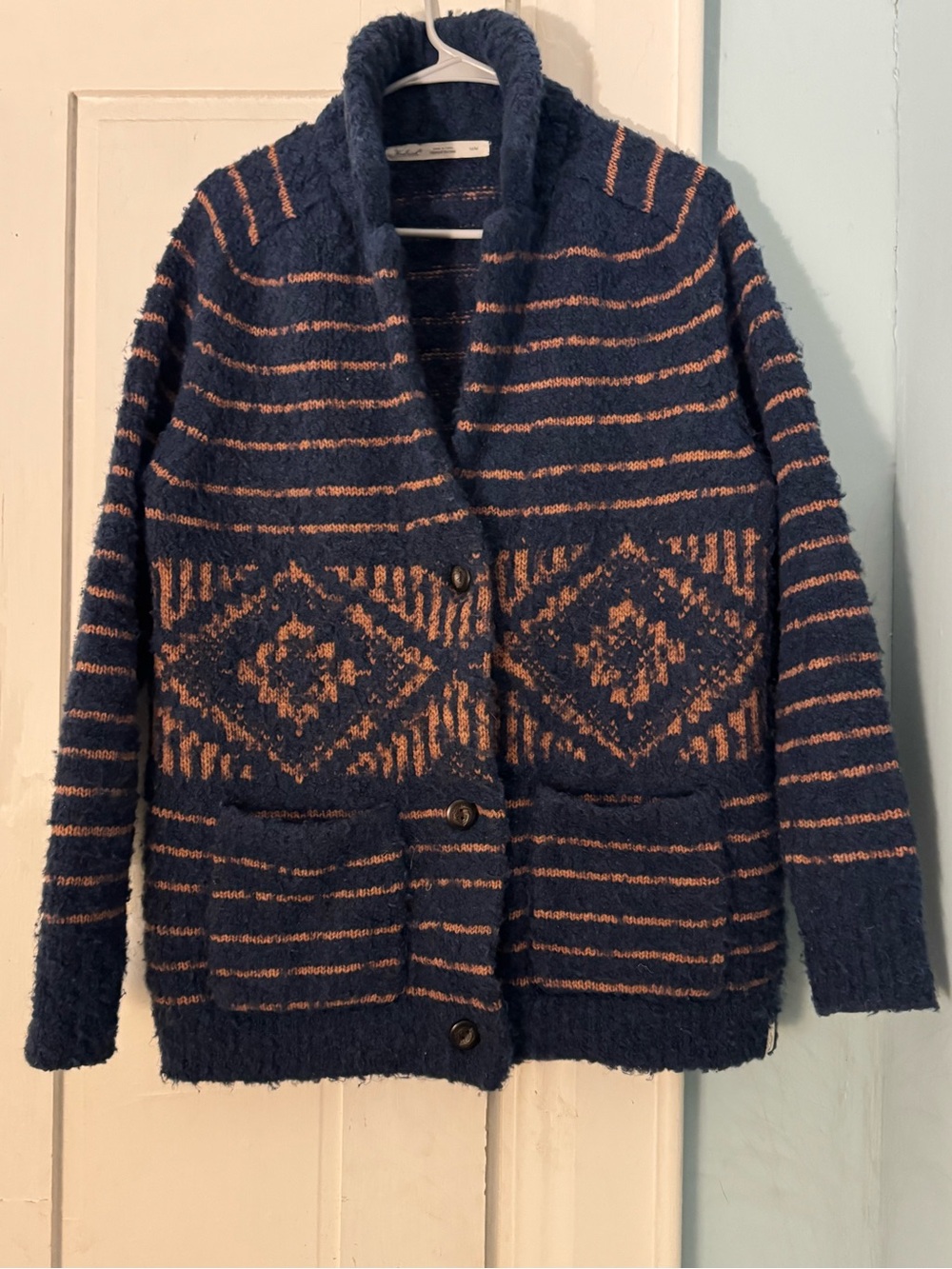 Woolrich Navy and Coral/Tan Patterned Shawl-Collar Cardigan